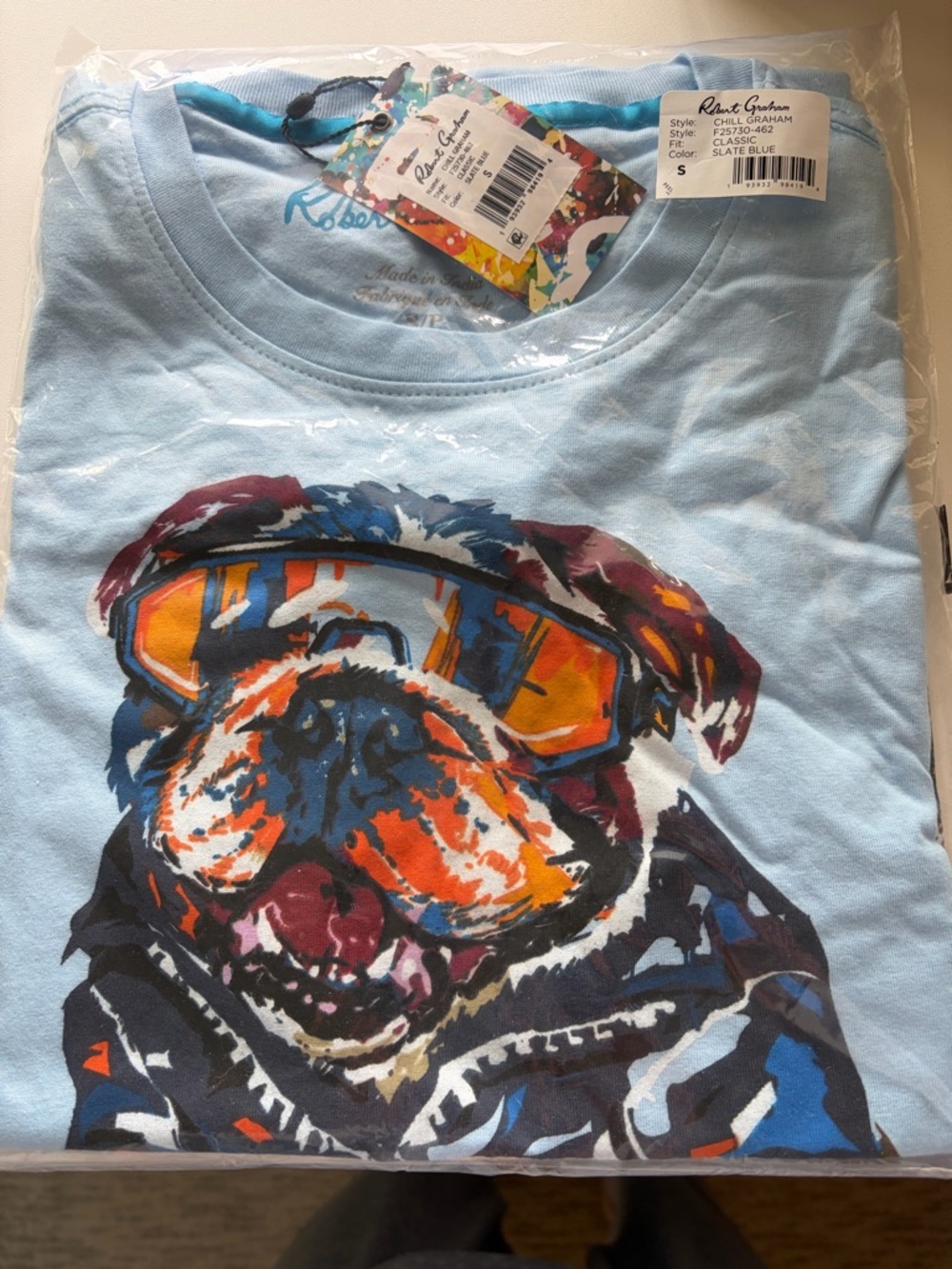 Robert Graham Slate Blue Tag with Multicolor Splash Design